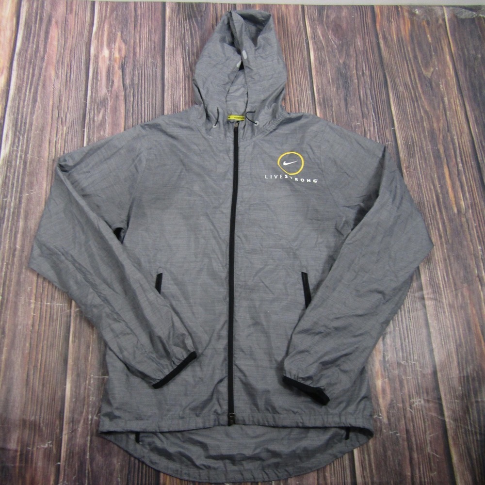 Nike Livestrong Jacket Mens Small Gray Hooded Full Zip Windbreaker Running Sport